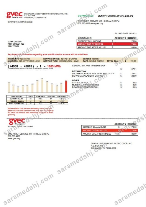 USA Texas GVEC utility bill template in Word and PDF format